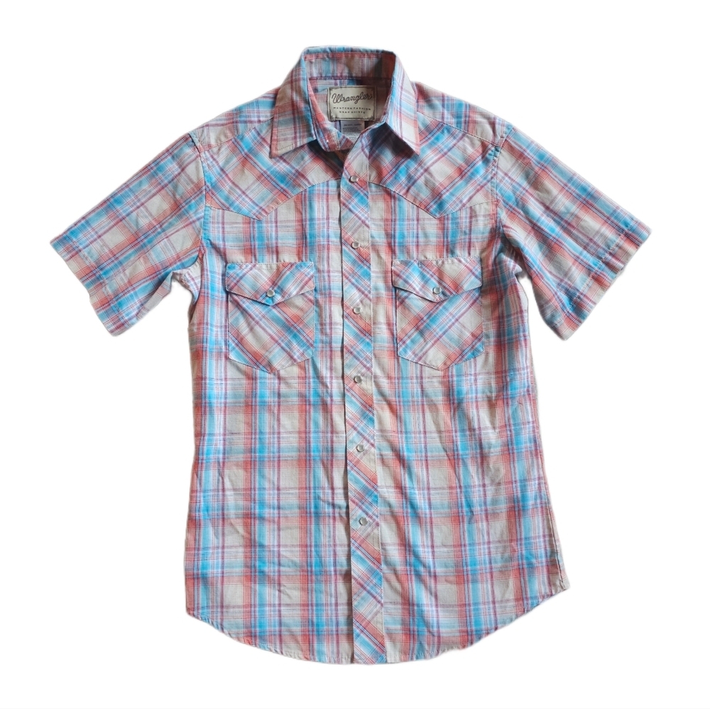WRANGLER Vinatge Classic Pearl Snap Red White Blue Plaid Collared Shirt